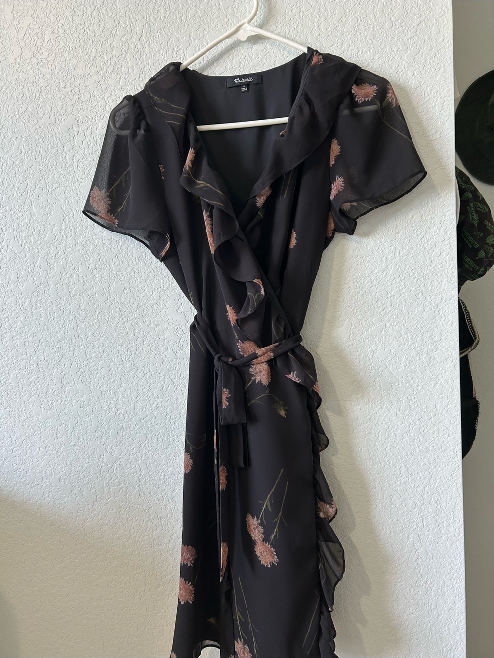 Madewell Black Midi Wrap Dress with Dusty Rose Floral